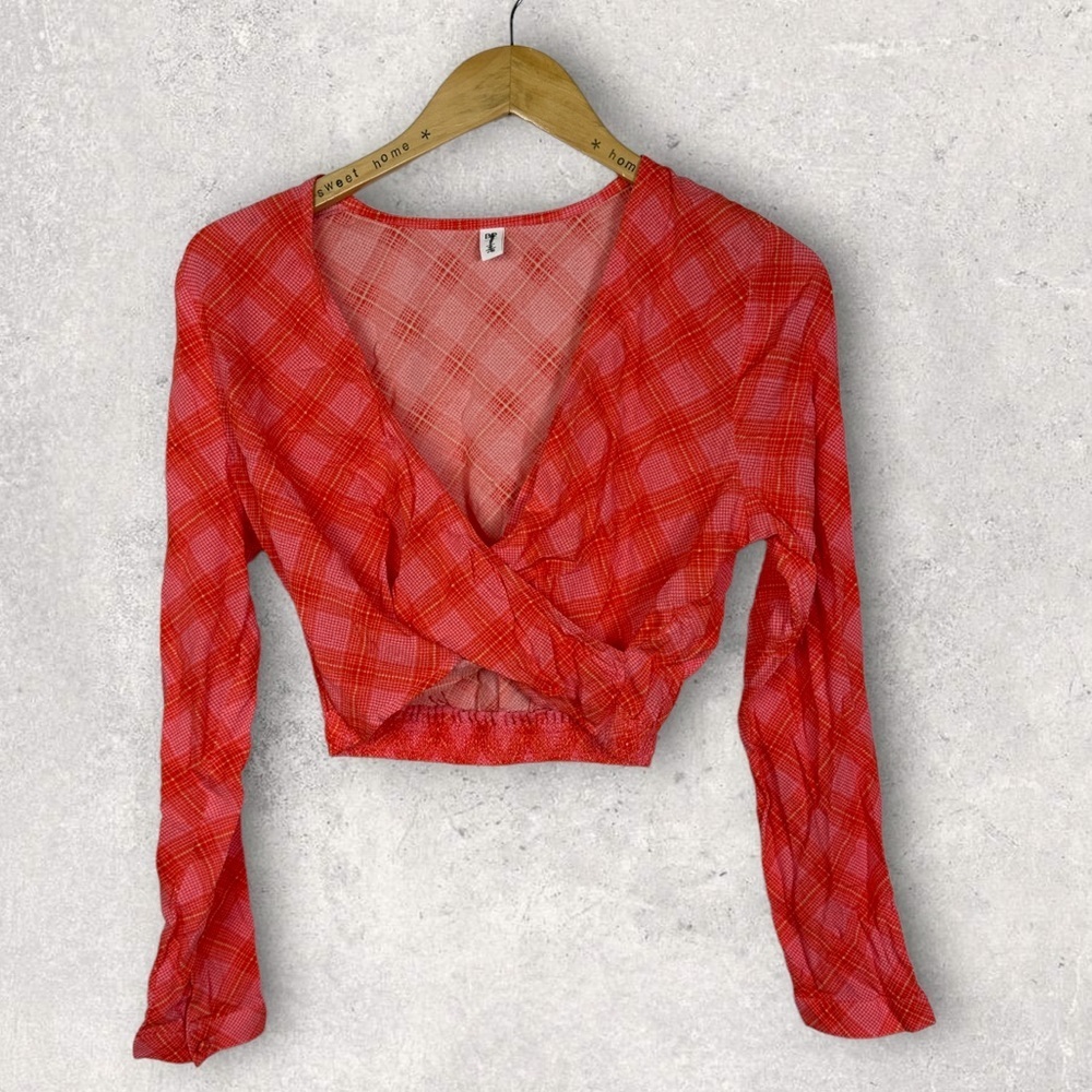 NEW 2021 Nordstrom Surplice V-Neck Crop Top Orange Plaid Size Small Long Sleeve